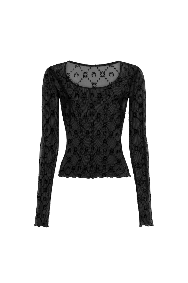 MOONOGRAM MESH FLOCK LONG SLEEVES ROUNDNECK TOP