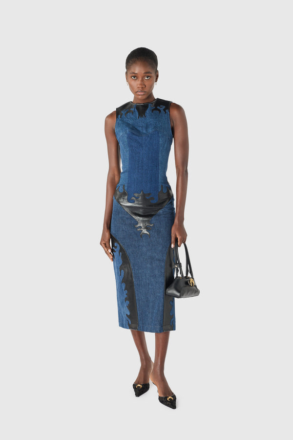 Upcycled denim long dress with leather patches