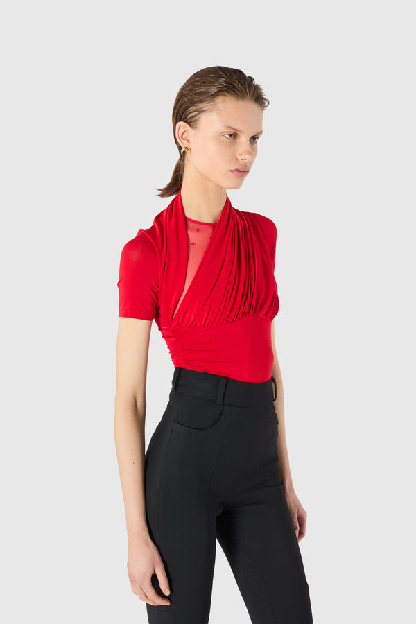 Draped jersey and plumetis top