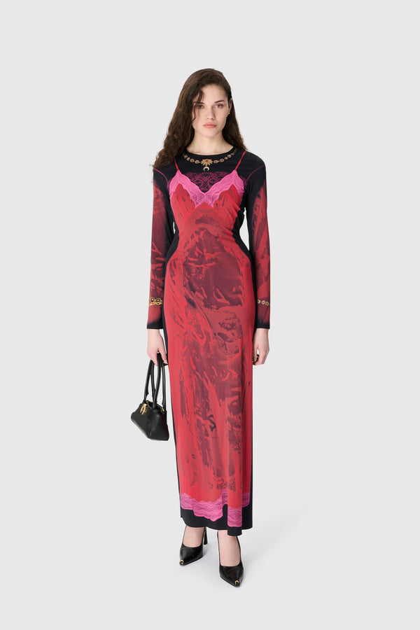WET NUISETTE PRINTED JERSEY LS LONG DRESS
