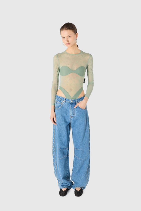 Moonogram mesh flock bodysuit top