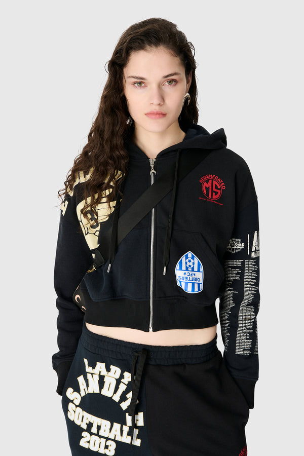 REGENERATED GRAPHIC JERSEY CROPPED ZIPPED HOODIE