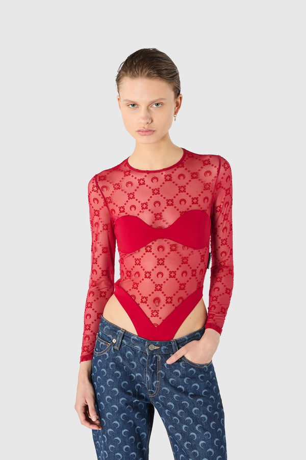 Moonogram mesh flock bodysuit top