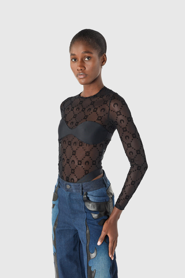 Moonogram mesh flock bodysuit top