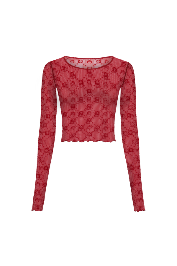 MOONOGRAM MESH FLOCK LS CROPPED TOP