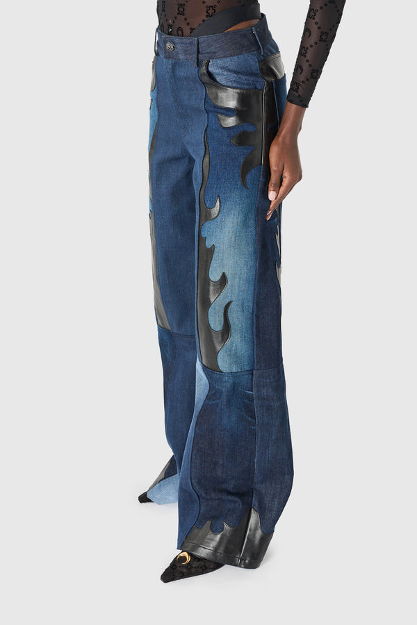 Upcycled denim loose jeans with leather patch