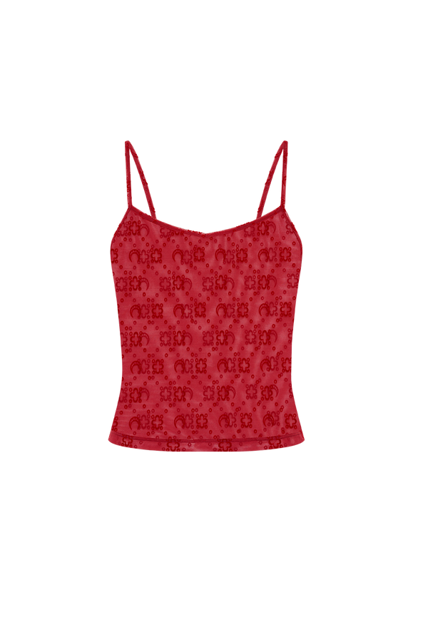 Moonogram mesh flock straps top
