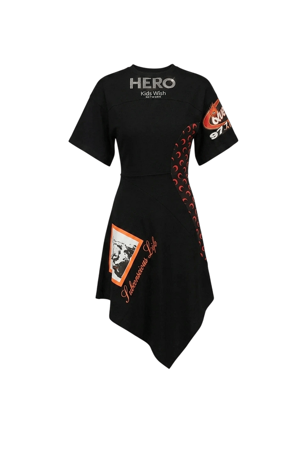 Upcycled jersey asymetrical knee length dress