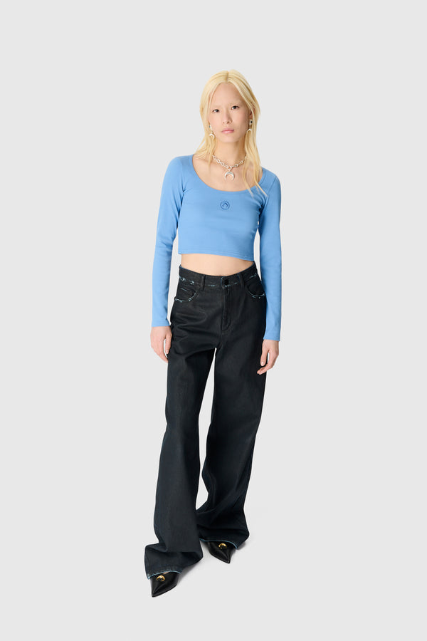MOON WAXED DENIM HIGH-WAIST FLARE JEANS