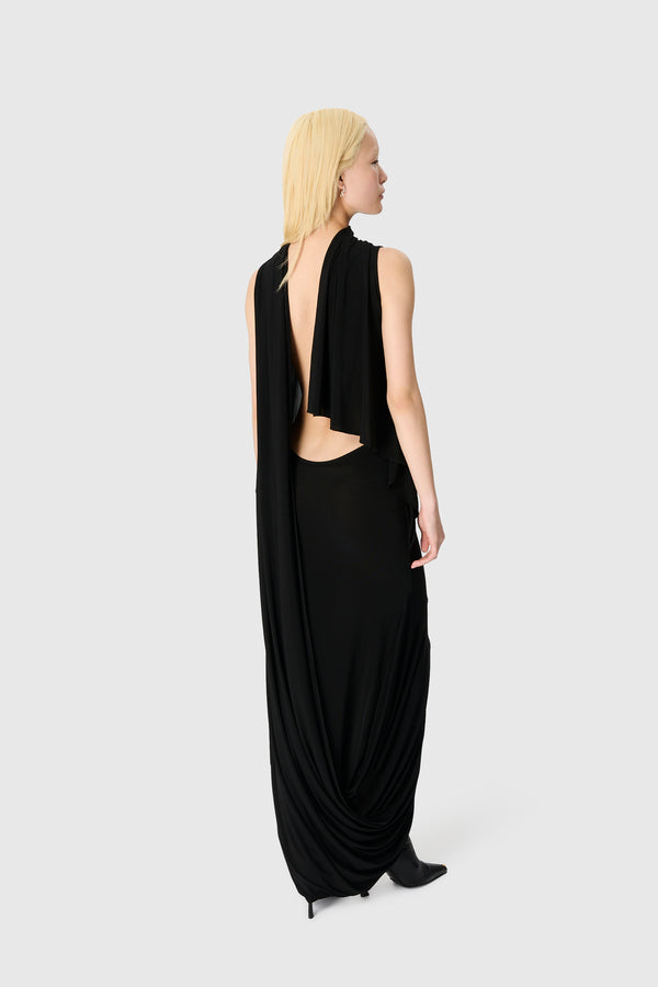 DRAPED JERSEY SLEEVELESS LONG OPEN-BACK DRESS