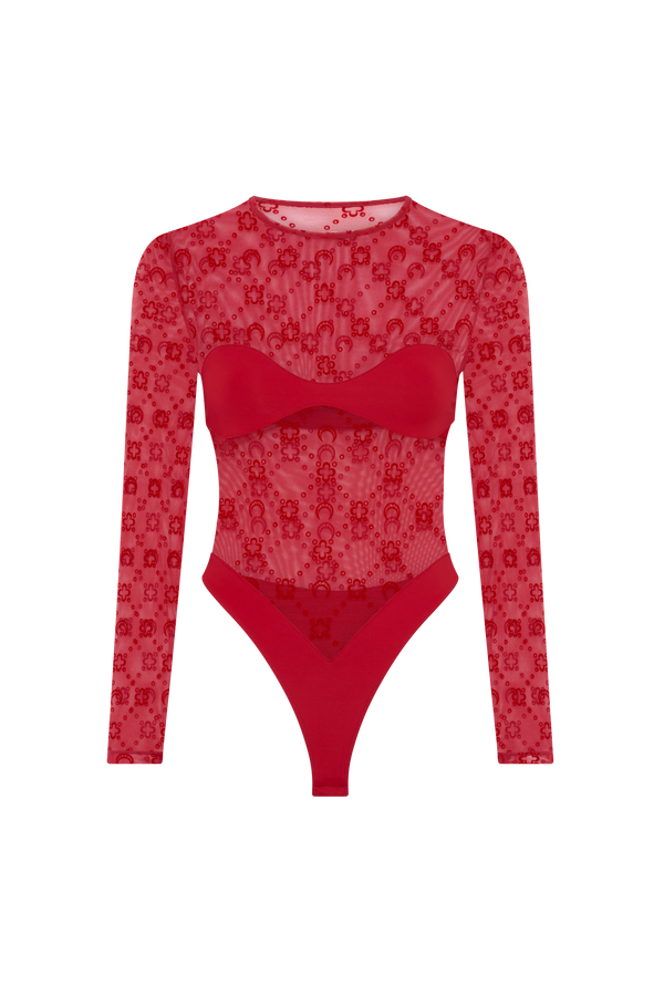 Moonogram mesh flock bodysuit top