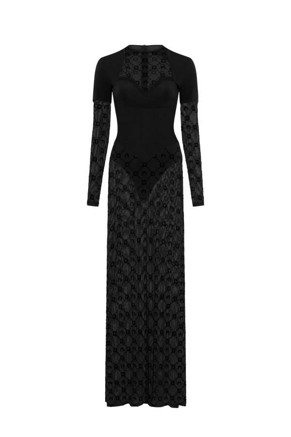 Layered jersey mesh flock long dress
