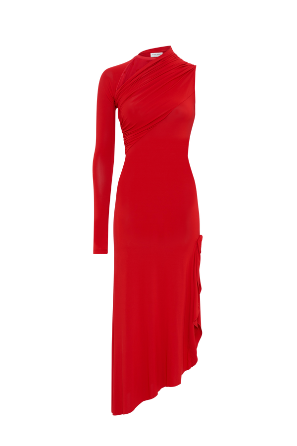 ASYMETRICAL CREPE JERSEY AND PLUMETIS LONG DRESS