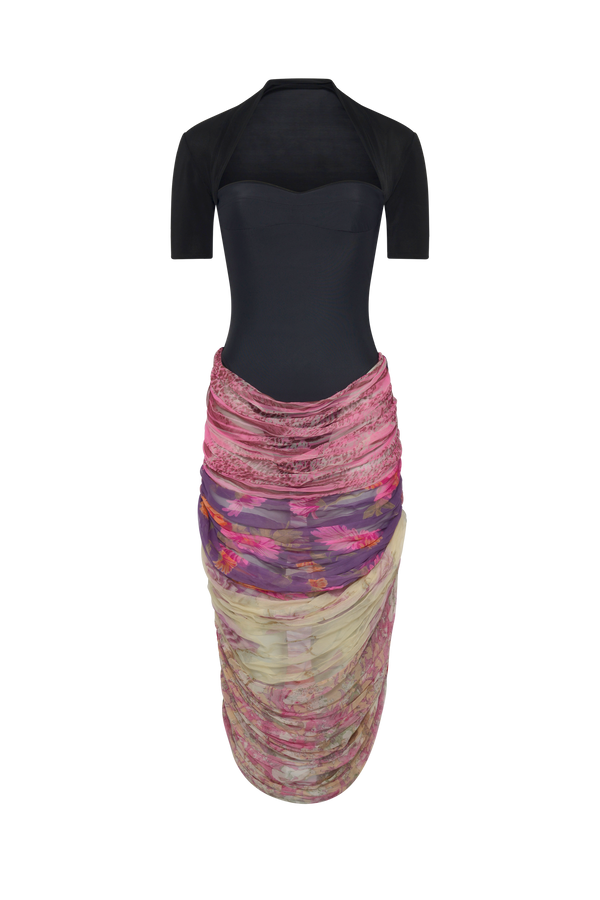 JERSEY & SILK SCARVES DRAPED MIDI DRESS