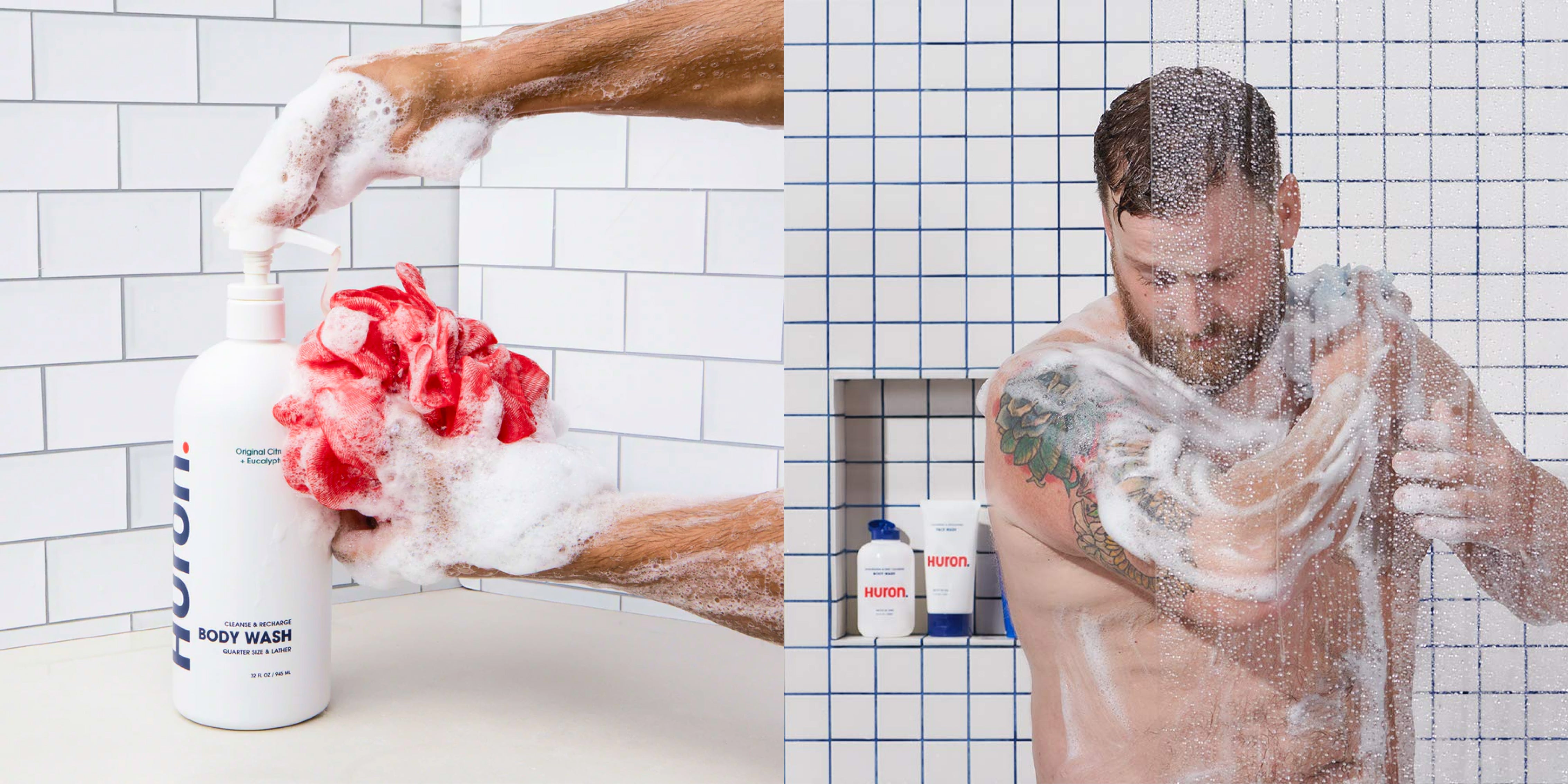 Left image shows shower gel getting pumped onto a red shower loofah. Right image shows a man lathering up with the loofah in the shower.